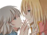  blonde_hair blue_eyes eye_contact hiro_(hirohiro31) holding_hands howl howl_no_ugoku_shiro interlocked_fingers looking_at_another simple_background smile sophie white_background 