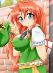  1girl blue_eyes blush breasts brick_wall gift hat hat_removed headwear_removed hong_meiling kokujuuji large_breasts long_hair orange_hair smile solo touhou 