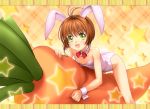  ahoge animal_ears bell blush bow brown_hair bunnysuit cardcaptor_sakura carrot green_eyes kinomoto_sakura mutsuki_(moonknives) open_mouth rabbit_ears short_hair star wrist_cuffs 