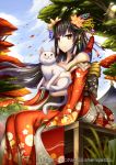  1girl bare_shoulders black_hair brown_eyes cat gia japanese_clothes kimono solo wind 