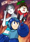  1girl android arm_cannon black_hair blue_eyes breasts clenched_hand doubutsu_no_mori flower_pot helmet midriff navel nintendo ponytail red_nose rockman rockman_(character) rockman_(classic) short_hair stretch super_smash_bros. tank_top trainer_(wii_fit) villager_(doubutsu_no_mori) weapon white_skin wii_fit 