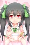  1girl absurdres akkii_(meragold) alternate_hairstyle apron black_hair blush bow bowl bust commentary_request food hair_bow heart highres long_hair looking_at_viewer puffy_sleeves red_eyes reiuji_utsuho rice shirt short_hair solo spoon touhou twintails 