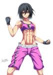  1girl abs black_hair bodybuilder gloves highres keita_(siruvia9) mikasa_ackerman muscle muscular_female shingeki_no_kyojin short_hair shorts solo sports_bra 