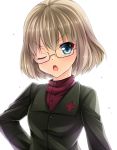  1girl bespectacled blonde_hair blue_eyes blush girls_und_panzer glasses hand_on_hip katyusha kuragari military military_uniform open_mouth short_hair simple_background solo uniform white_background wink 