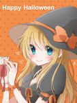  1girl blonde_hair blue_eyes blush breasts halloween happy_halloween hat heart hiro_(hirohiro31) long_hair looking_at_viewer original smile solo witch_hat 