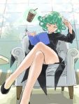  1girl black_dress book couch crossed_legs curly_hair dress drink easy_chair floating green_eyes green_hair indesign legs long_legs onepunch_man sitting straw tatsumaki thighs 