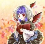  1girl bird_wings book capelet dress eyelashes gradient gradient_background highres leaf light_particles lips long_sleeves looking_away multicolored_hair open_book red_eyes ribbon short_hair smile solo tokiko_(touhou) touhou tsukiori_sasa two-tone_hair 