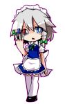  1girl apron blue_eyes bow braid chestnut_mouth chibi hair_bow highres izayoi_sakuya jiro-min knife maid maid_headdress silver_hair solo thigh-highs touhou twin_braids zettai_ryouiki 