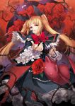  1girl bat blazblue blonde_hair dress flower frills gothic_lolita hair_ribbon lolita_fashion long_hair looking_at_viewer pointy_ears rachel_alucard red_eyes red_rose ribbon rose solo tsurukame twintails umbrella 