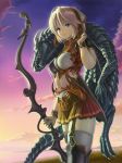  1girl ahoge bow_(weapon) clouds dragon harness hat highres kanzeon looking_at_viewer midriff original pleated_skirt short_hair silver_hair skirt sky solo thigh-highs violet_eyes weapon white_legwear 