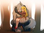  1girl animal_ears belt blonde_hair carrying clenched_hands closed_eyes erubo flower fur grass hair_ornament hug long_sleeves open_mouth orange_eyes puffy_sleeves scar sweatdrop tail tree werewolf wink wolf_ears wolf_tail 