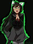  1girl animal_ears black_hair blush buck_teeth dark_skin dog_ears dress fingers_together glasses green_eyes highres homestuck jade_harley long_hair magical_ondine pantyhose round_glasses smile solo striped striped_legwear very_long_hair 