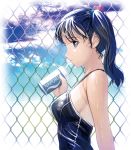  1girl blue_eyes bust clouds drink drinking fence hair_bobbles hair_ornament long_hair masao one-piece_swimsuit original profile sky solo straw swimsuit twintails wet 