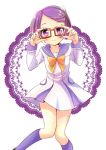  1girl dokidoki!_precure glasses hair_ornament hairpin kenzaki_makoto looking_at_viewer precure purple_hair purple_legwear ribbon school_uniform serafuku shio_(rkfh) shoes short_hair smile socks solo violet_eyes 