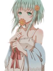  1girl breasts flower green_eyes green_hair gumi hair_flower hair_ornament hiro_(hirohiro31) short_hair simple_background solo vocaloid white_background 