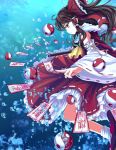  1girl between_fingers bow brown_hair danmaku detached_sleeves gohei hair_bow hakurei_reimu jianren long_hair long_skirt ofuda profile red_eyes side skirt skirt_set solo touhou underwater wide_sleeves yin_yang 