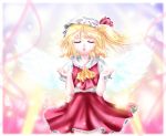  1girl alternate_wings angel_wings ascot blonde_hair closed_eyes flandre_scarlet gradient gradient_background hat hat_ribbon light_particles mob_cap parted_lips puffy_short_sleeves puffy_sleeves ribbon short_hair short_sleeves side_ponytail skirt skirt_set solo touhou tsukiori_sasa wings 