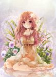  1girl dress flower hair_flower hair_ornament highres long_hair original puracotte red_eyes redhead sitting smile solo 