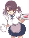  1girl apron breasts brown_hair heart original puffy_sleeves red_eyes short_hair short_sleeves skirt smile solo teapot tray twintails umeboshitora waist_apron 