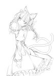  1girl animal_ears bow braid cat_ears dress extra_ears hair_bow hand_on_own_face juliet_sleeves kaenbyou_rin long_hair long_sleeves monochrome multiple_tails pointy_ears puffy_sleeves salmon_(saaamon) sketch solo tail touhou twin_braids 