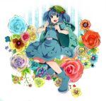  1girl backpack bag blue_eyes blue_hair bow flower hair_bow hat kawashiro_nitori misyagu open_mouth rubber_boots school_swimsuit shirt skirt skirt_set sleeves_folded_up smile solo striped striped_background swimsuit swimsuit_under_clothes touhou twintails 