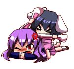  &gt;_&lt; 2girls anger_vein animal_ears black_hair bunny_tail chibi clenched_teeth ear_pulling inaba_tewi jiro-min lavender_hair multiple_girls rabbit_ears red_eyes reisen_udongein_inaba skirt tail touhou 