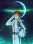  1boy amuro_ray brown_eyes brown_hair cabbage666 char&#039;s_counterattack earth gundam helmet looking_at_viewer pilot_suit planet salute science_fiction short_hair space spacesuit star_(sky) 
