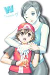 1boy 1girl baseball_cap black_hair blue_eyes breasts brown_hair hat height_difference hoodie hug hug_from_behind long_hair looking_at_viewer midriff nintendo pokemon ponytail smile spandex super_smash_bros. tank_top trainer_(wii_fit) white_skin wii_fit wink wristband 