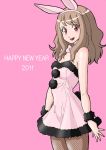  1girl 2011 animal_ears artist_request bare_shoulders bowtie brown_hair doza_village dress english fake_animal_ears fishnet_pantyhose fishnets looking_at_viewer new_year open_mouth pantyhose pink_background pink_eyes rabbit_ears simple_background smile solo tagme wristband 