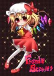  1girl arms_behind_back ascot blonde_hair blush bow character_name chibi flandre_scarlet hat highres jiro-min mary_janes red_eyes shoes skirt smile star starry_background thigh-highs touhou typo wings zettai_ryouiki 
