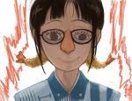  1girl akizuki_ritsuko brown_hair code-aa food funny_glasses glasses idolmaster shaded_face shrimp shrimp_tempura simple_background smile solo tempura white_background 