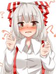  1girl ? blush bow bust fujiwara_no_mokou hair_bow highres juliet_sleeves long_hair long_sleeves looking_at_viewer open_mouth puffy_sleeves red_eyes shirt silver_hair simple_background solo suspenders tears touhou udongein very_long_hair wavy_mouth white_background 