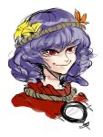  1girl face headband kitayuki_kajika purple_hair red_eyes rope short_hair smile solo touhou white_background yasaka_kanako 