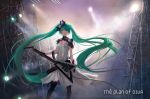  1girl cancer_(zjcconan) dress electric_guitar floating_hair green_eyes green_hair guitar hatsune_miku highres instrument long_hair solo thigh-highs twintails very_long_hair vocaloid 