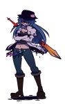  1girl adapted_costume alternate_costume blue_hair boots crossed_arms full_body grin hair_over_one_eye hat highres hinanawi_tenshi jacket long_hair pants parody smile solo style_parody sword touhou twiggytom weapon white_background 