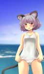  1girl animal_ears blue_sky blush grey_hair mouse_ears mouse_tail nazrin nise_nanatsura one-piece_swimsuit open_mouth red_eyes short_hair sky solo swimsuit tail touhou water white_swimsuit 