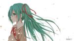 1girl blush character_name green_eyes green_hair hatsune_miku hiro_(hirohiro31) long_hair ribbon simple_background solo vocaloid white_background 