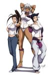  3girls ahoge anklet armlet barefoot breasts brown_hair casual dark_skin elena fingerless_gloves gloves grin han_juri high_ponytail highres huge_ahoge ibuki jewelry large_breasts magion02 multiple_girls neck_ring pointy_hair raccoon_tail short_twintails smile squiggle street_fighter street_fighter_iii street_fighter_iv super_street_fighter_iv tail tall twintails v white_hair wink 