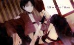  1boy angel31424 black_hair boots brown_eyes couch jacket rivaille shingeki_no_kyojin sitting solo sword thigh_strap title_drop weapon 