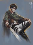  1boy black_hair boots cape jacket oryuvv rivaille shingeki_no_kyojin solo sword weapon 