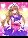  1girl blonde_hair blush bow breasts choker cleavage detached_sleeves dress elbow_gloves frilled_dress frills gift gloves hat hat_ribbon heart long_hair ribbon solo touhou valentine very_long_hair violet_eyes wrr yakumo_yukari 