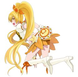  1girl back bike_shorts blonde_hair boots cure_sunshine female hair_ribbon heart heartcatch_precure! long_hair looking_back magical_girl marblewars midriff myoudouin_itsuki navel orange_bike_shorts precure ribbon shiny_tambourine shorts_under_skirt skirt smile solo twintails wrist_cuffs yellow_eyes 