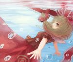  1girl aya_(star) blouse bubble eyelashes front_ponytail green_eyes green_hair hair_ribbon kagiyama_hina long_hair long_skirt open_hand outstretched_arms parted_lips profile puffy_short_sleeves puffy_sleeves ribbon short_sleeves side_glance skirt solo spread_arms touhou underwater 