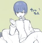  blue_hair character_request inazuma_eleven_(game) inazuma_eleven_(series) monochrome monoka open_mouth short_hair simple_background sitting solo spot_color track_jacket yellow_eyes 