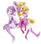  2girls :d aida_mana blonde_hair boots cure_heart cure_sword dokidoki!_precure holding_hands kenzaki_makoto marblewars multiple_girls open_mouth pink_eyes ponytail precure purple_hair simple_background sitting smile thigh-highs thigh_boots violet_eyes white_background 