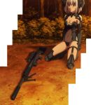  armor blue_eyes boots breasts cleavage date_a_live forest highres nature sad screencap short_hair silver_hair sniper sunset tobiichi_origami 