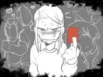  anger_vein character_request gloves heart inazuma_eleven_(game) inazuma_eleven_(series) long_hair monochrome monoka open_mouth red_card soccer_uniform solo spot_color sweat 
