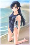  1girl barefoot beach blue_hair blush breasts hair_ribbon highres kakumeiki_valvrave kneeling long_hair looking_at_viewer one-piece_swimsuit rasukaru ribbon rukino_saki solo swimsuit violet_eyes 