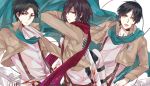  1girl 2boys black_hair blood cape eren_jaeger green_eyes jacket mikasa_ackerman multiple_boys rivaille scarf shingeki_no_kyojin sword weapon xiaoxue 