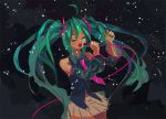  1girl aqua_hair closed_eyes dated flyleaf hatsune_miku long_hair microphone necktie signature singing solo vocaloid 